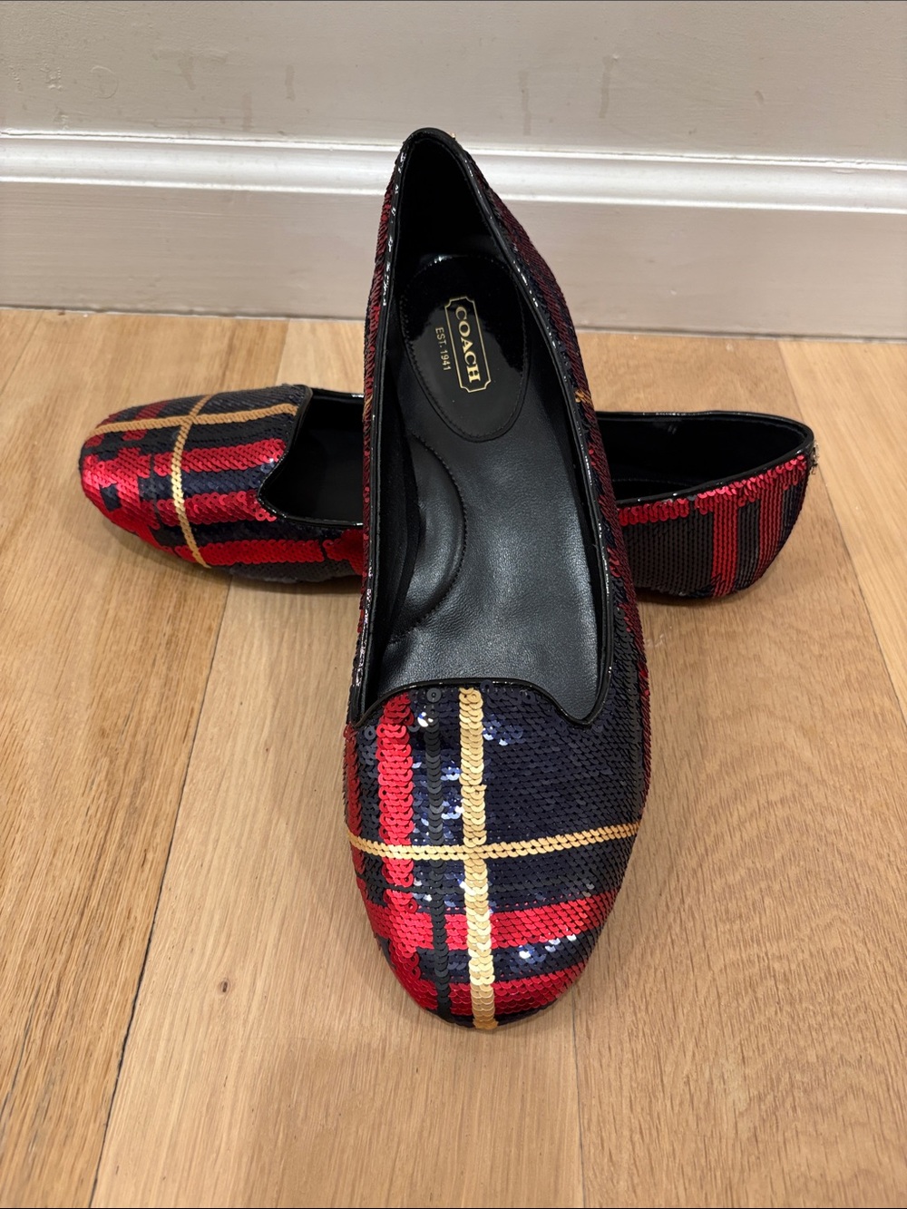 Coach Sequined Plaid Flats in Red, Black & Gold - Picture 4 of 7